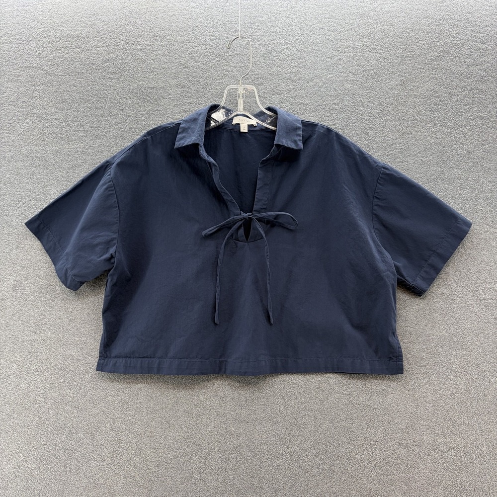 All Row Top Womens Small Blue Short Sleeve Tie Neck Cropped Oversized Cotton